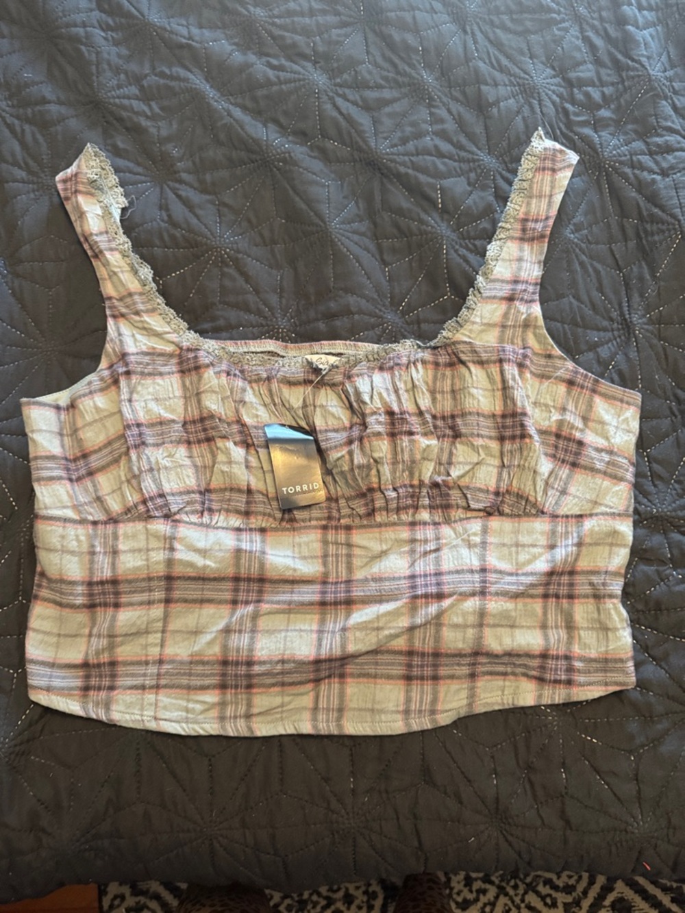 torrid Plaid Lace-Trim Cropped Cami in Pink and Cream